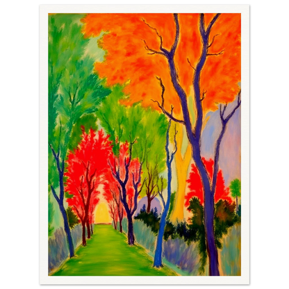A vivid forest pathway glowing with fiery orange, green, and red trees, symbolizing nature’s changing seasons and renewal.