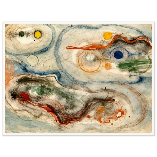 Fluid planetary forms and swirling celestial paths in watercolor evoke the quiet dance of orbiting worlds and stellar energy.