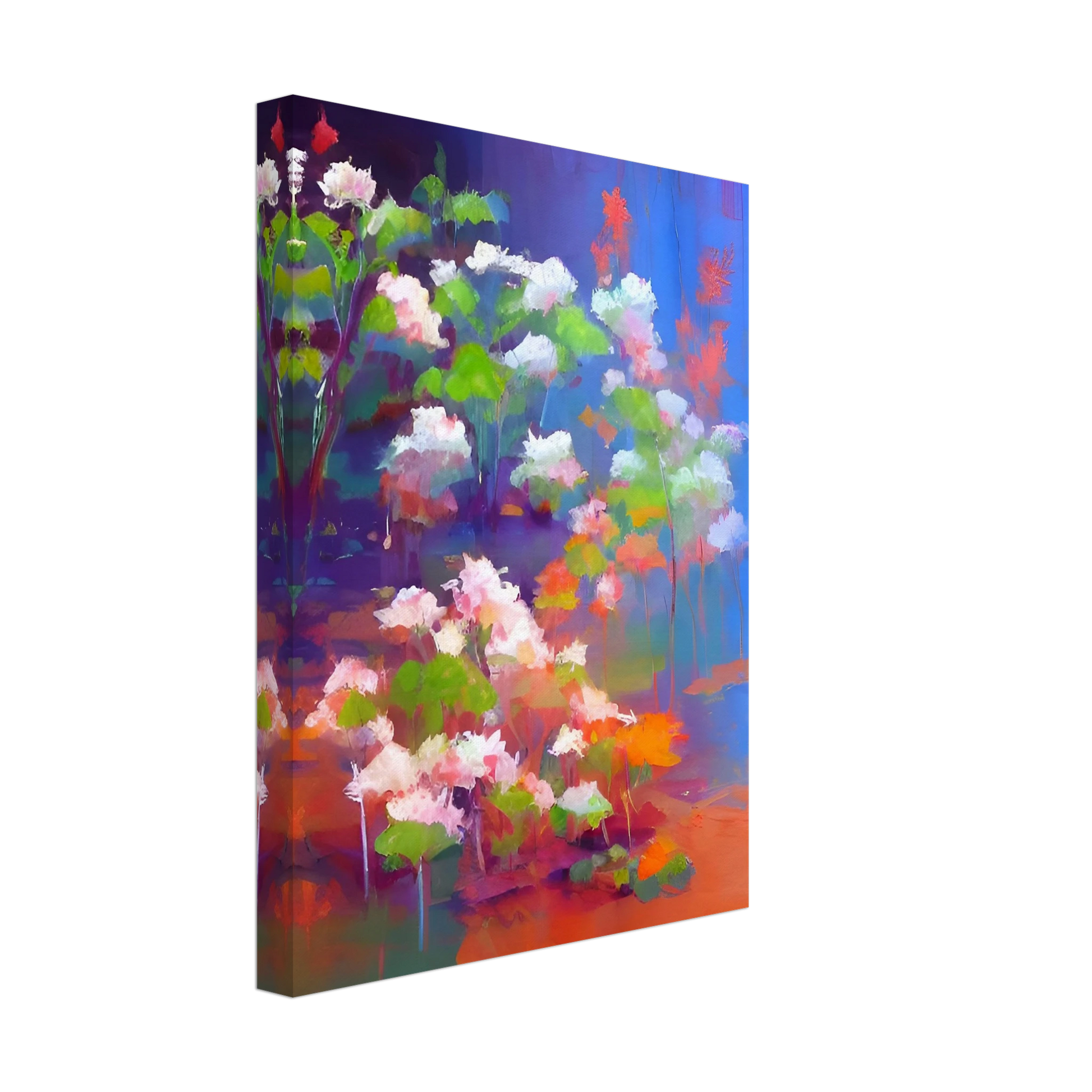 A vibrant floral composition featuring soft pink and white blossoms with bright green leaves, illuminated against a luminous blue and violet background in an expressive contemporary style.