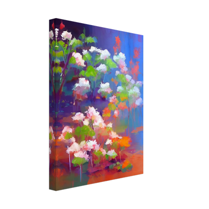 A vibrant floral composition featuring soft pink and white blossoms with bright green leaves, illuminated against a luminous blue and violet background in an expressive contemporary style.