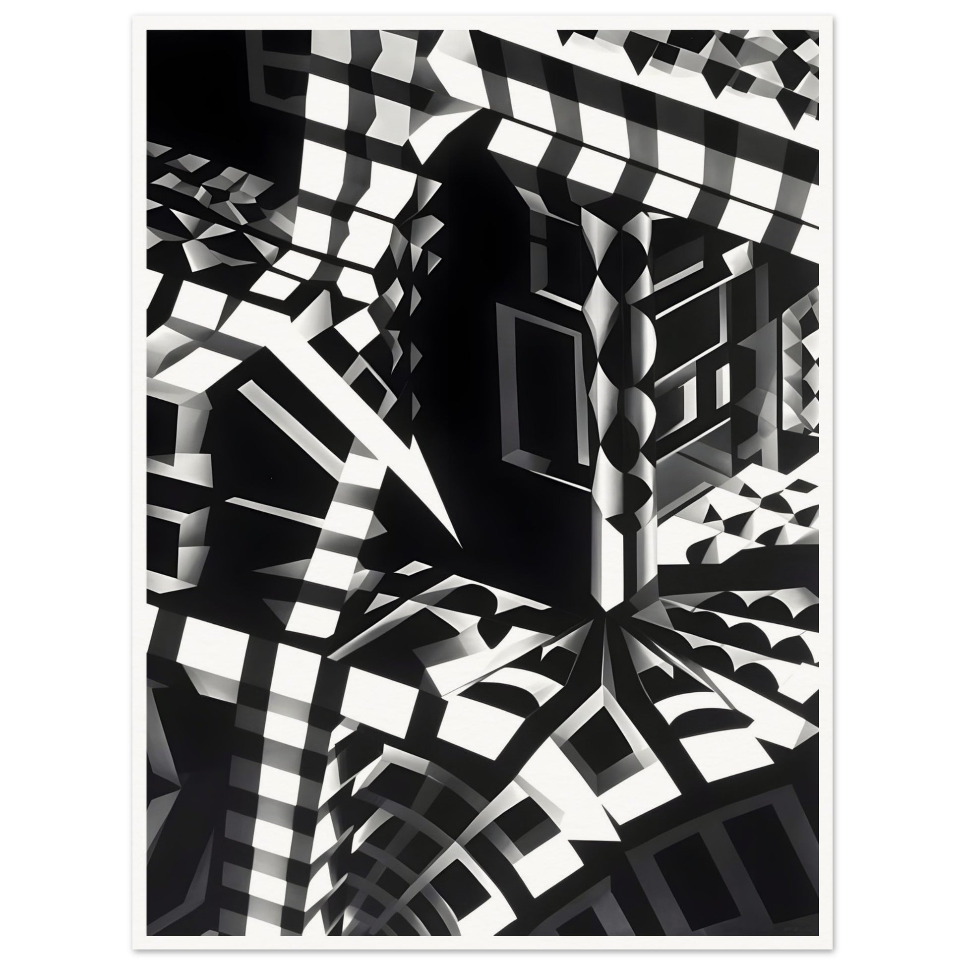 A striking black-and-white geometric composition with sharp angular patterns, distorted perspectives, and abstract architectural elements creating an optical illusion.