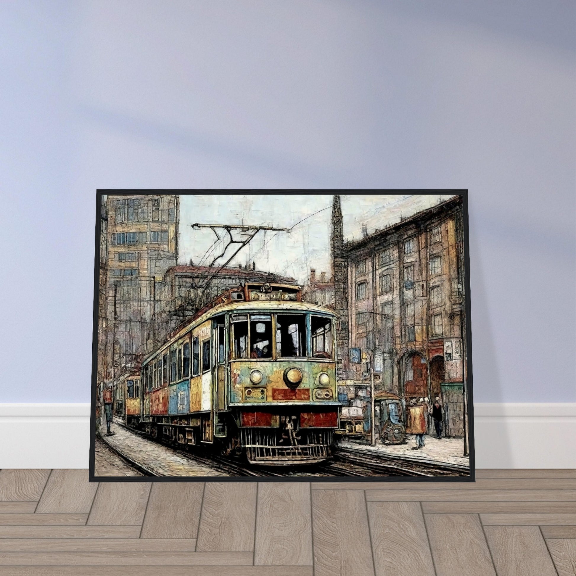 "A detailed painting of a vintage tram traveling through a bustling city street, surrounded by old buildings and a busy urban environment, evoking a nostalgic feel."