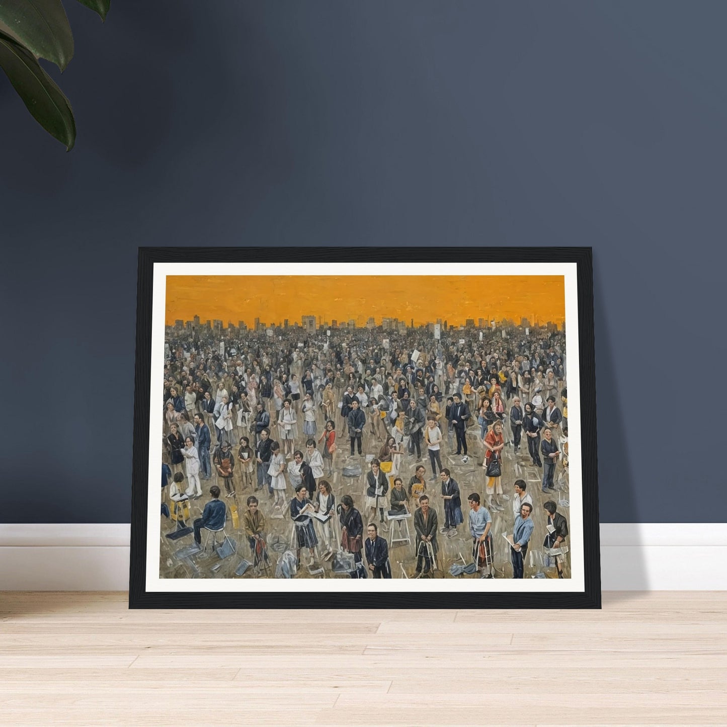 A detailed painting of a large crowd of people gathered in an open space under a vibrant orange sky at sunset. The diverse crowd features individuals engaged in various activities, with the city skyline visible in the background.