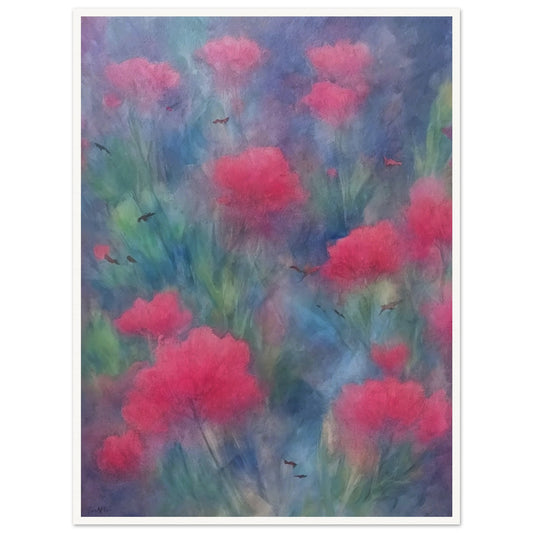 A soft-focus painting of vibrant pink flowers amidst a dreamy, blue and green background with delicate, scattered birds.