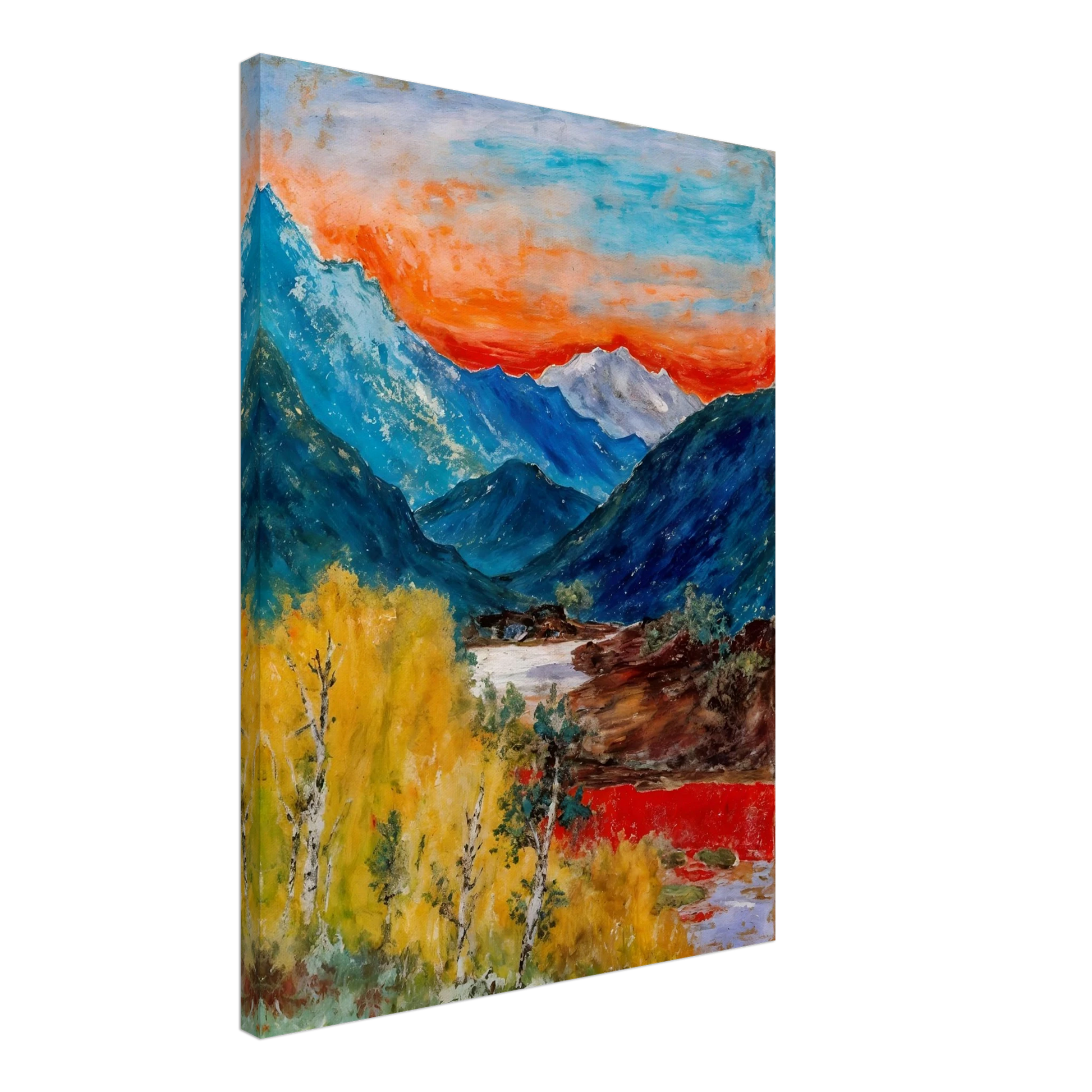 Snow-capped peaks rise above deep blue valleys and golden trees, beneath a fiery sunset glowing across the horizon.