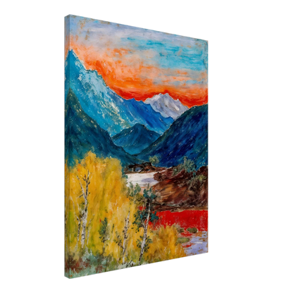 Snow-capped peaks rise above deep blue valleys and golden trees, beneath a fiery sunset glowing across the horizon.