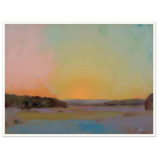 A pastel-toned sunrise casts soft pink, yellow, and blue hues over tranquil open fields bordered by distant trees.