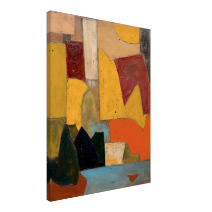 Warm yellow, red, and orange forms sit above a soft blue base with dark rounded shapes.