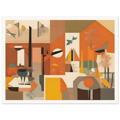 An abstract artwork featuring geometric shapes, warm autumnal tones of orange, brown, and yellow, with depictions of trees, birds, and nature-inspired elements