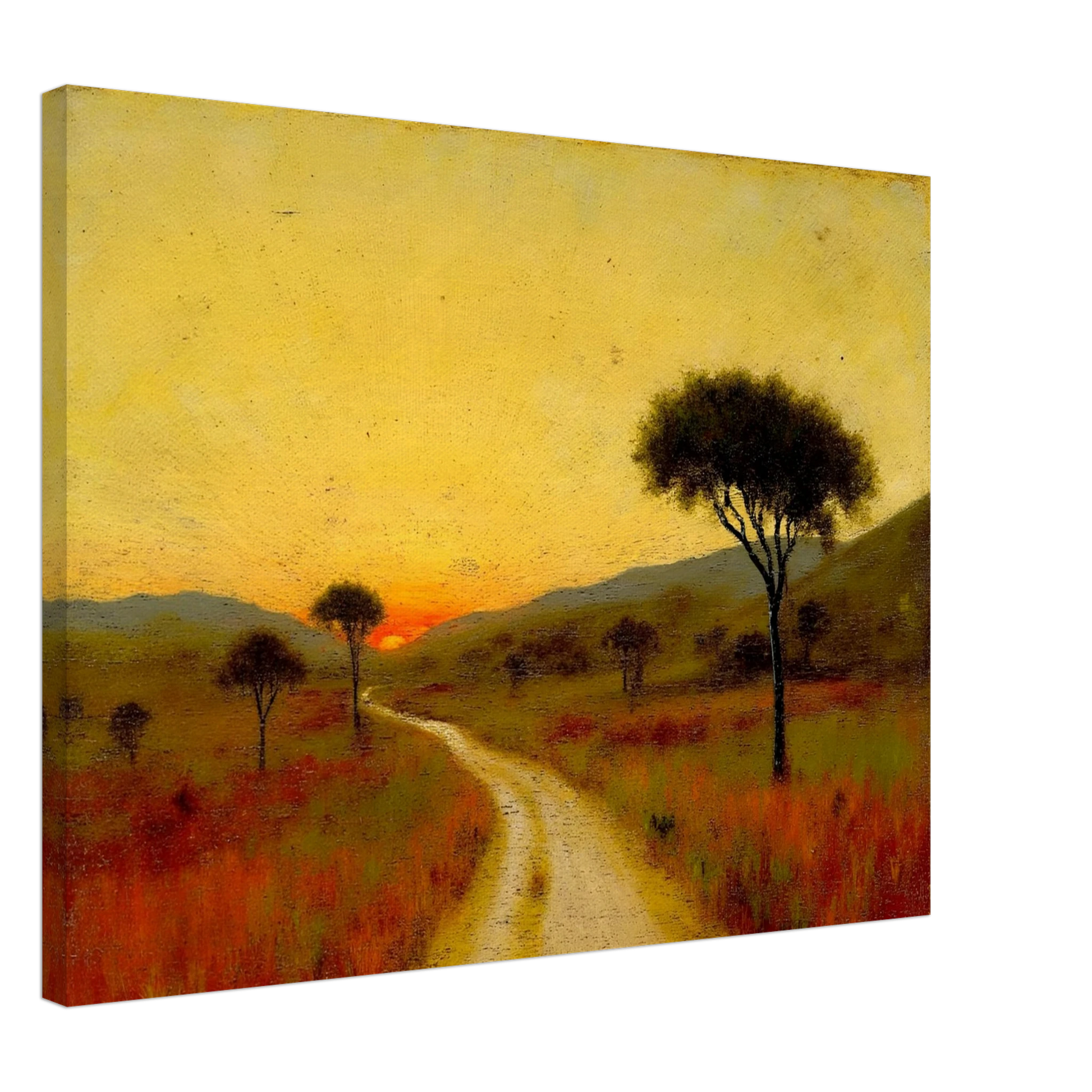 A golden trail winds through a grassy plain at sunset, flanked by scattered trees and glowing hills under a radiant yellow sky.