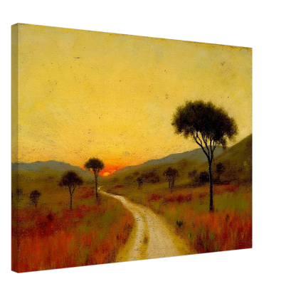 A golden trail winds through a grassy plain at sunset, flanked by scattered trees and glowing hills under a radiant yellow sky.