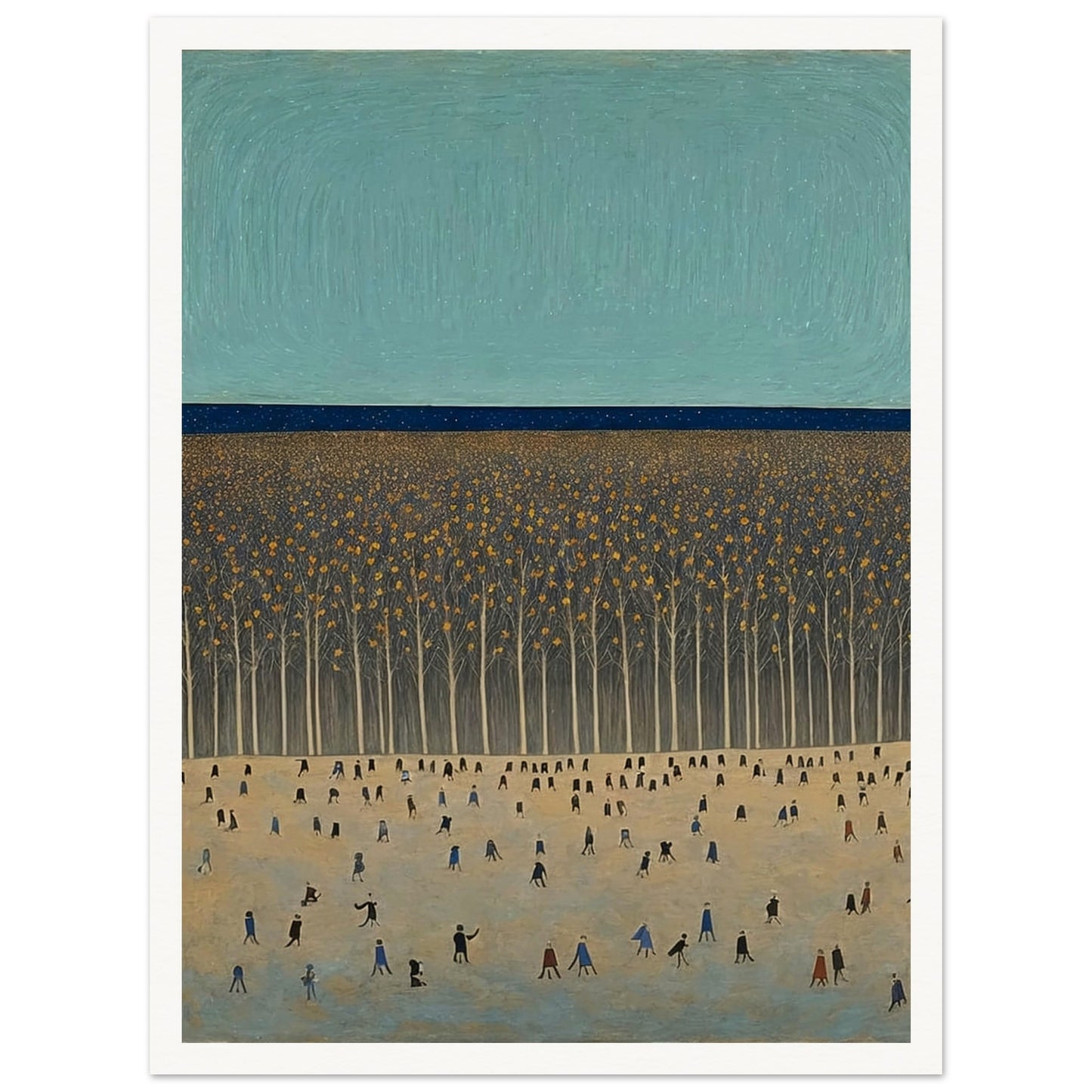 A serene painting depicting a large gathering of people in a spacious field with a dense forest of tall, bare trees under a vast sky.