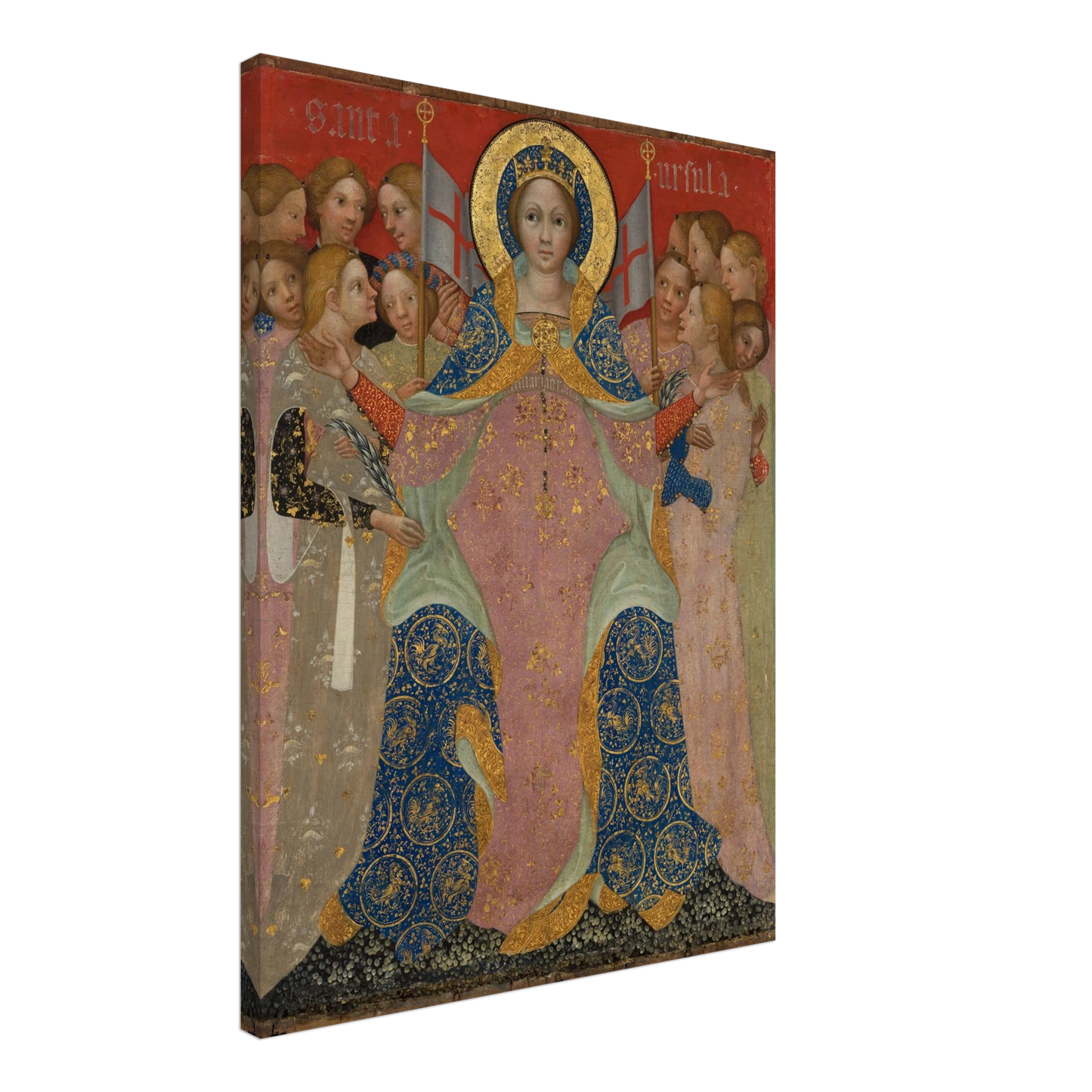 Saint Ursula stands with her maidens in ornate gold and blue robes against a red background