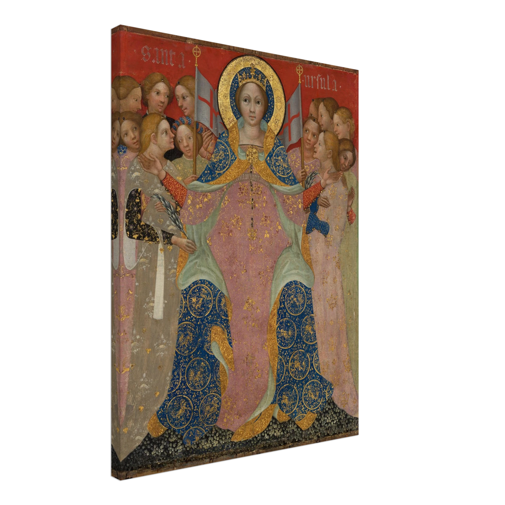 Saint Ursula stands with her maidens in ornate gold and blue robes against a red background