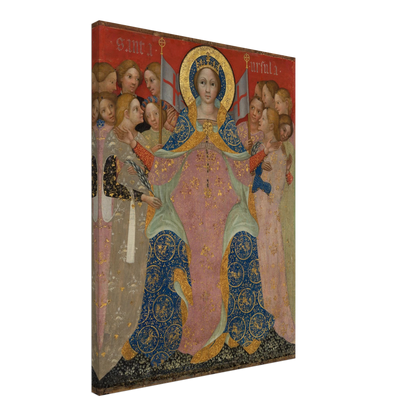 Saint Ursula stands with her maidens in ornate gold and blue robes against a red background