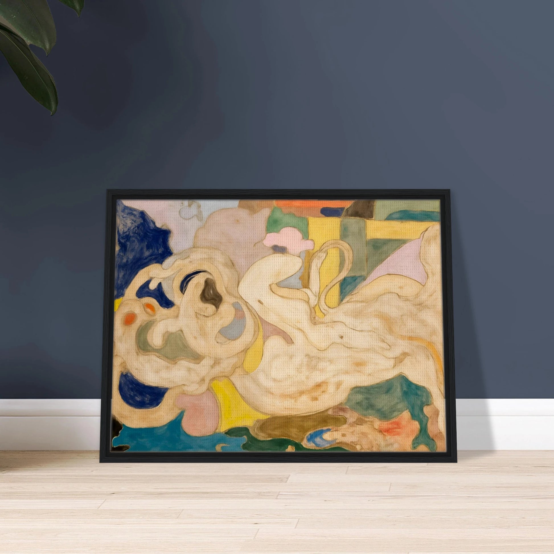 Cream-toned flowing shapes weave through soft blocks of blue, green, yellow, and pink in a dreamlike composition.