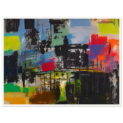 An abstract painting with bold colors and textures representing a bustling cityscape. The composition features vibrant blocks of green, blue, yellow, and red.