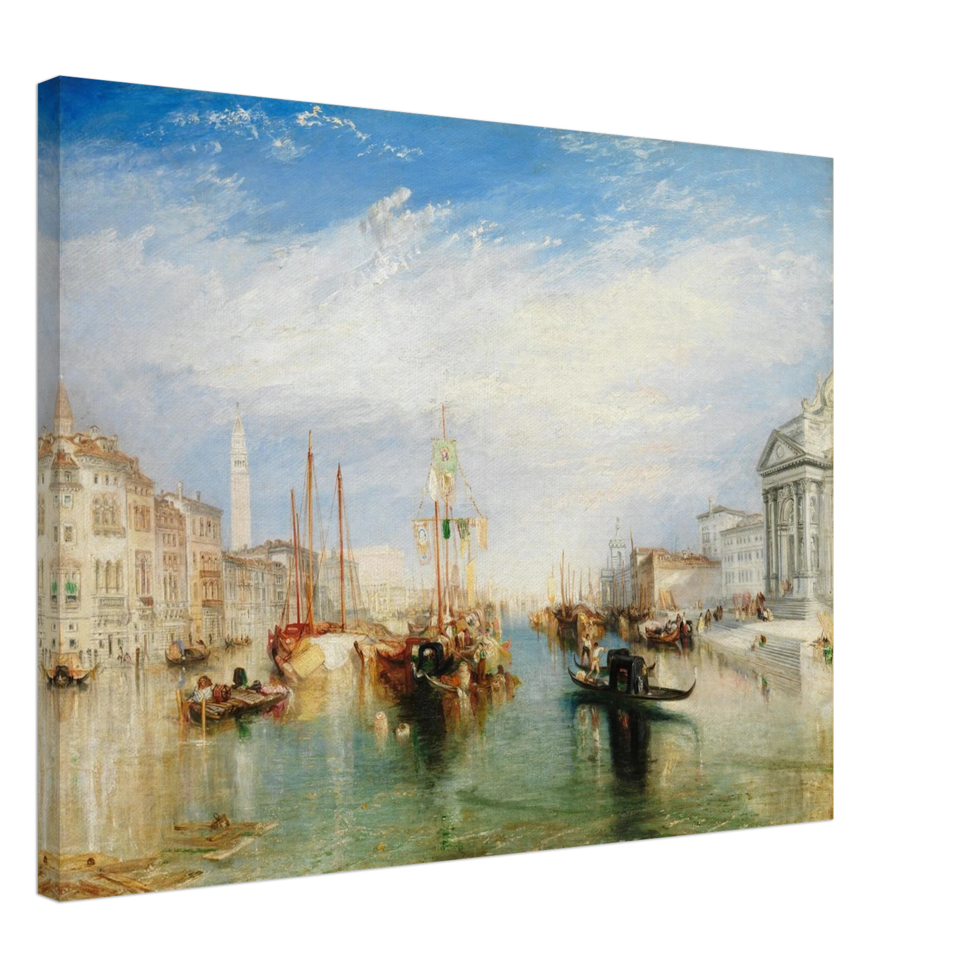 Gondolas and sailing boats fill Venice’s Grand Canal beneath a bright blue sky and luminous clouds.