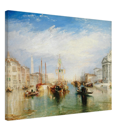 Gondolas and sailing boats fill Venice’s Grand Canal beneath a bright blue sky and luminous clouds.