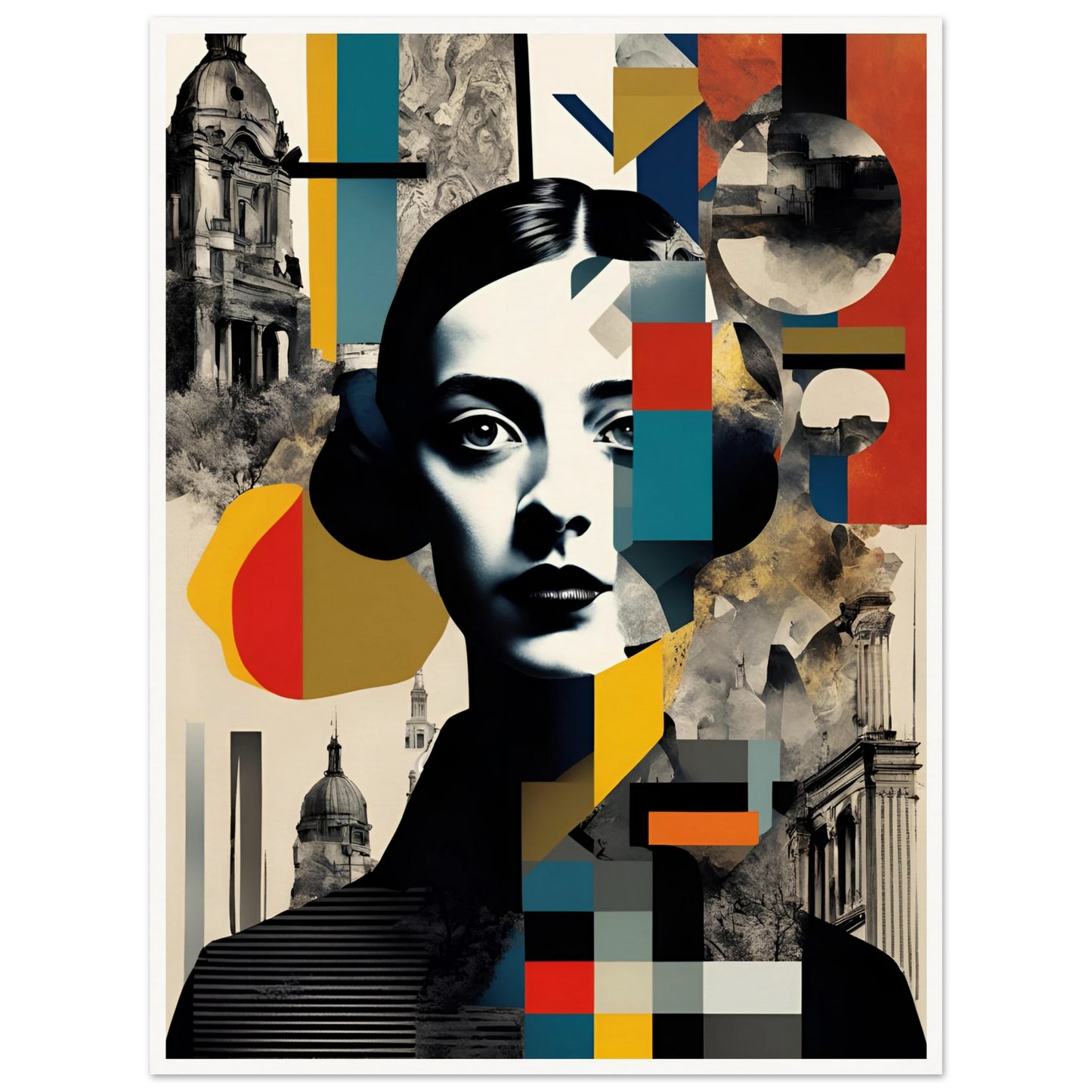 A striking portrait of a woman interwoven with geometric patterns, vintage architecture, and fragmented colors, symbolizing time and identity.