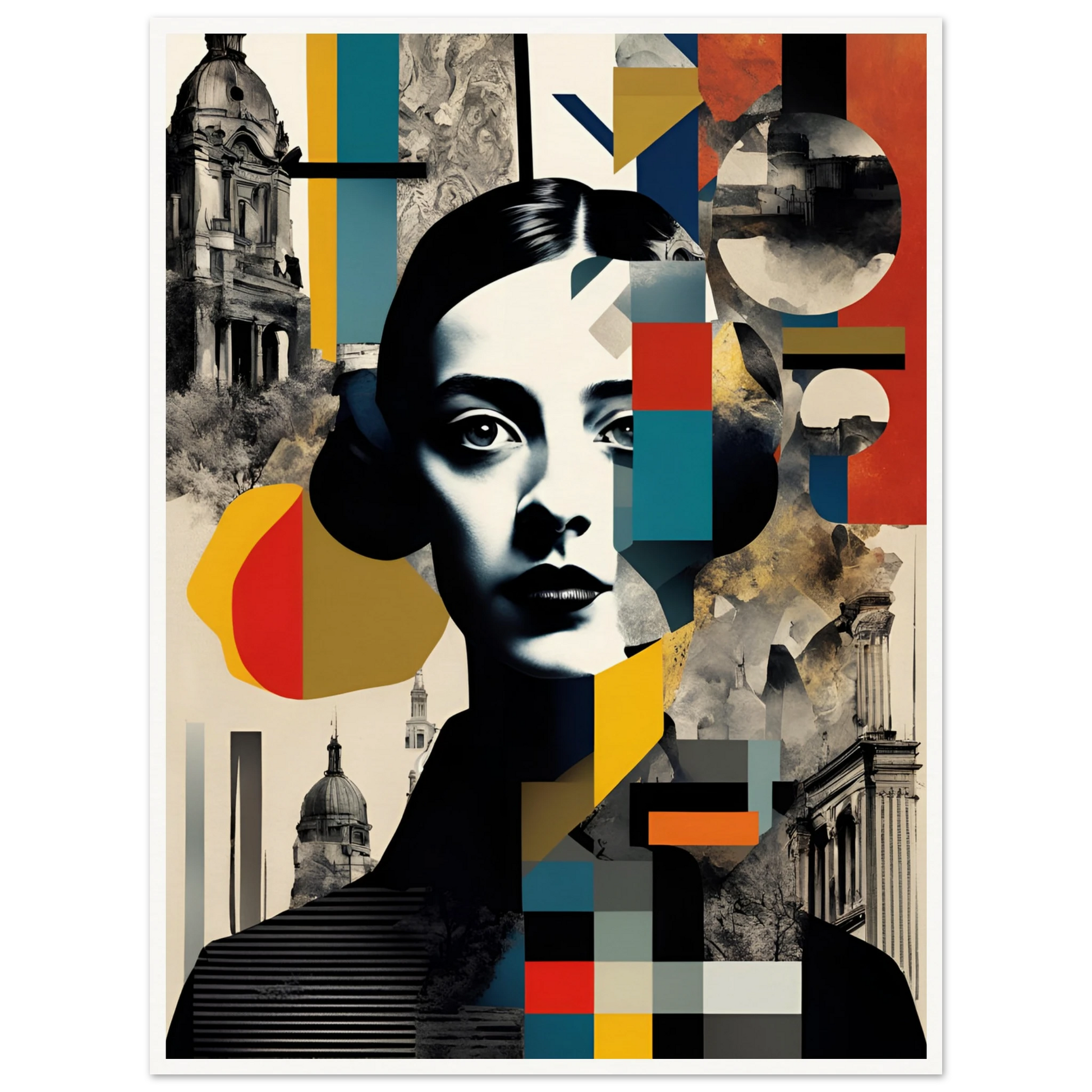 A striking portrait of a woman interwoven with geometric patterns, vintage architecture, and fragmented colors, symbolizing time and identity.