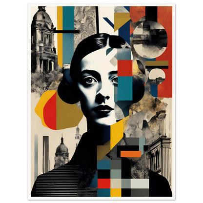 A striking portrait of a woman interwoven with geometric patterns, vintage architecture, and fragmented colors, symbolizing time and identity.