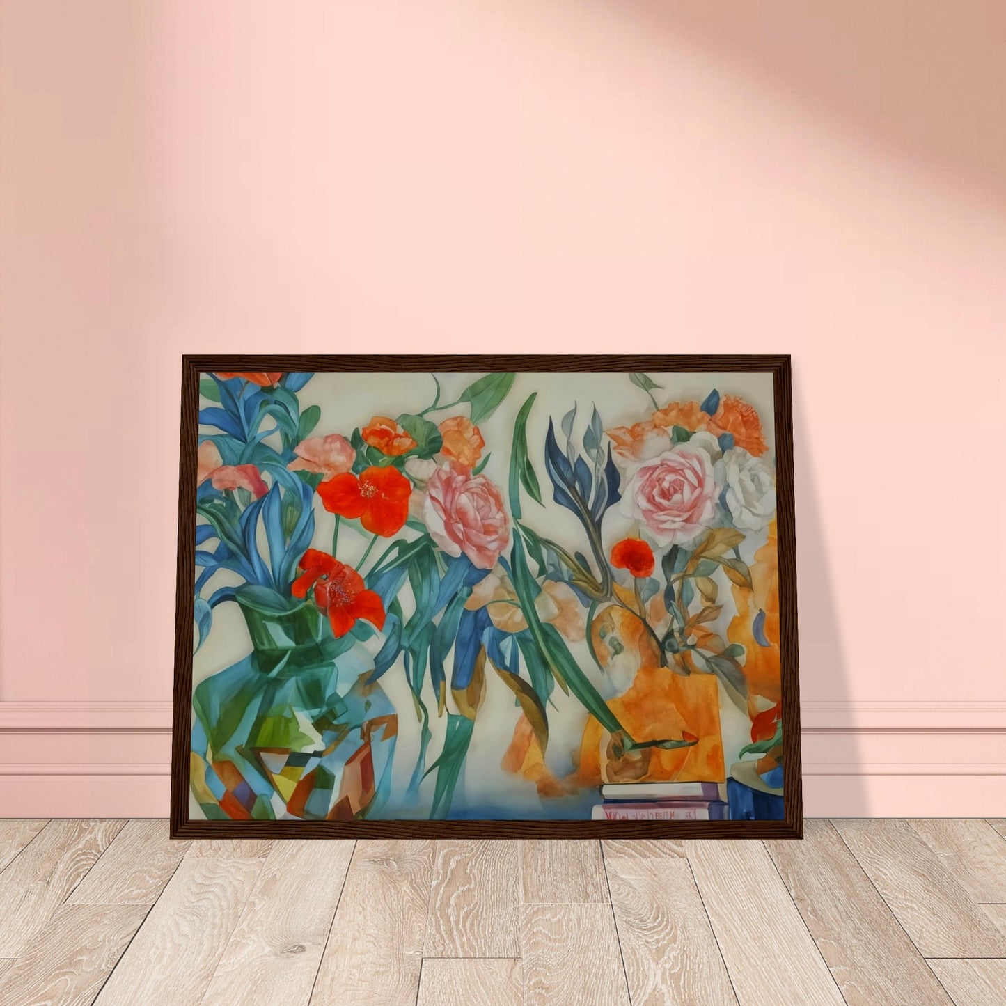 A lively painting of colorful flowers in vases, showcasing a blend of red, pink, and orange blossoms with lush green foliage.