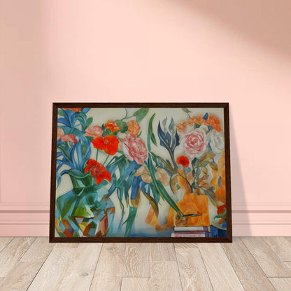 A lively painting of colorful flowers in vases, showcasing a blend of red, pink, and orange blossoms with lush green foliage.