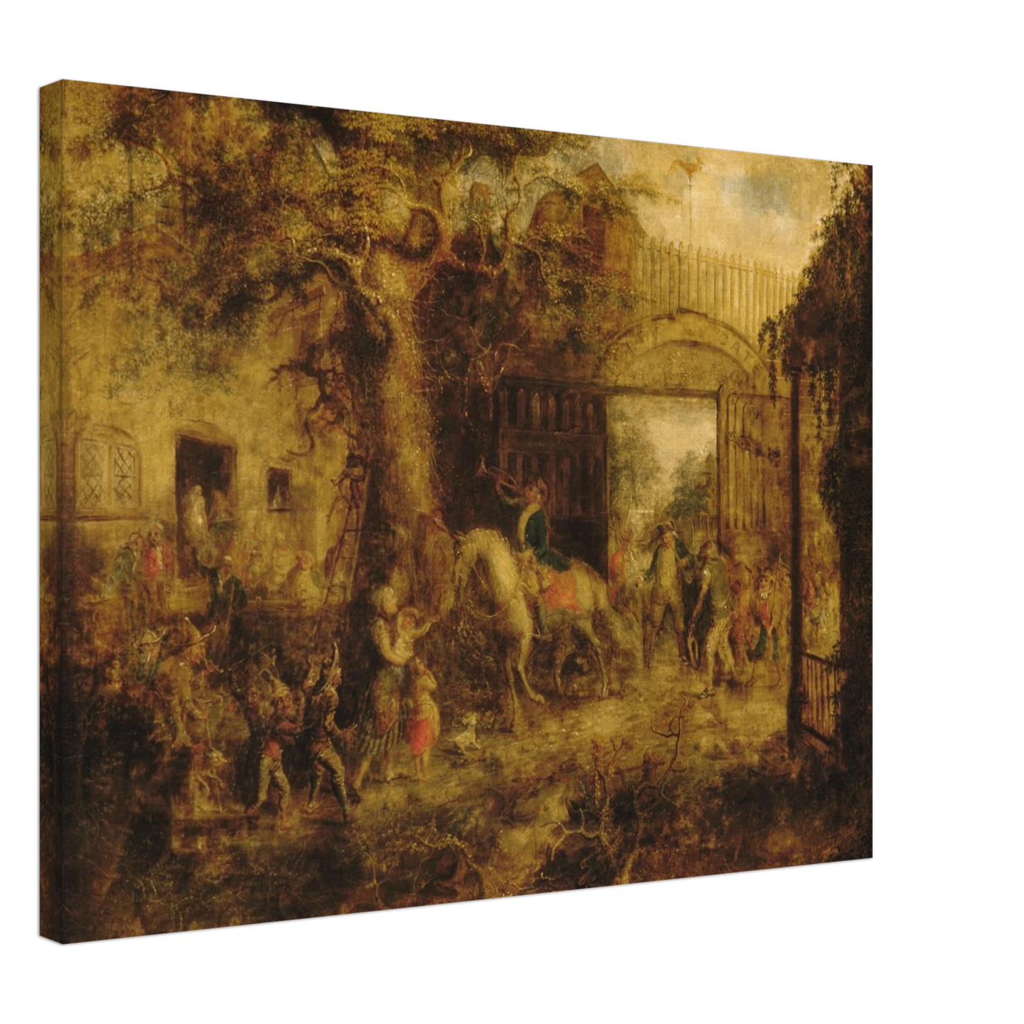 Busy scene at Wall Street Gate with horses, children, figures, and golden trees