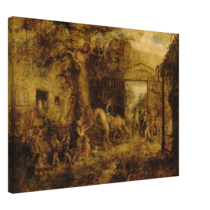 Busy scene at Wall Street Gate with horses, children, figures, and golden trees