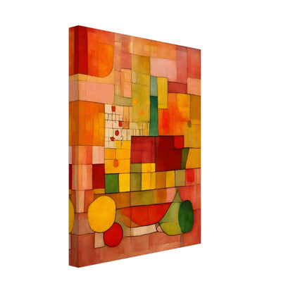 A warm-toned geometric composition with a grid of red, orange, yellow, and green shapes, creating a dynamic mosaic of color and texture.