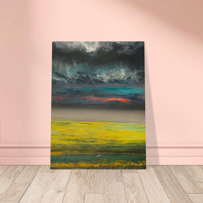 A dramatic landscape painting featuring a vibrant yellow field under a dark, stormy sky with a hint of sunset colors.