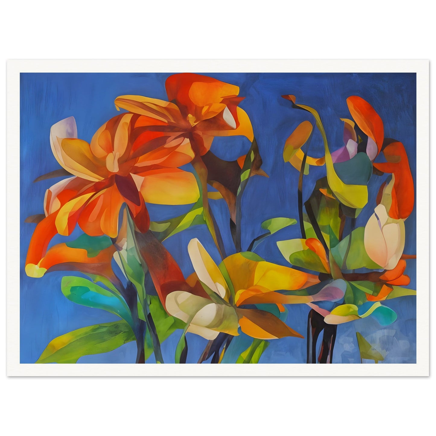 A vibrant floral painting with bold orange, yellow, and green flowers against a deep blue background, creating a striking contrast of warm and cool tones