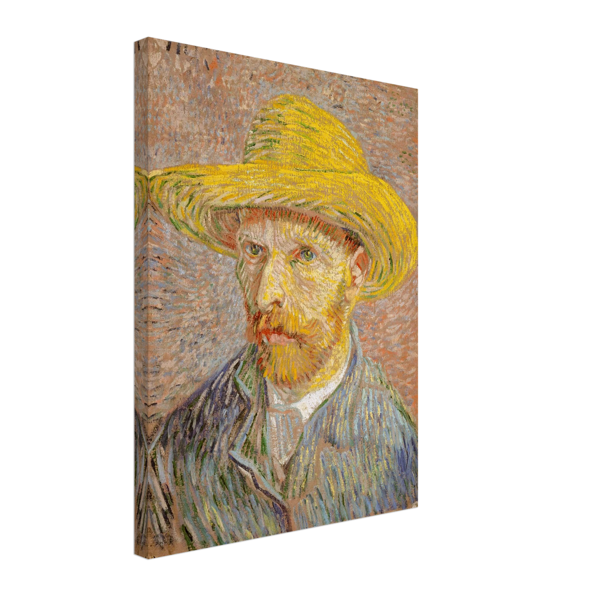 Van Gogh self-portrait in a yellow straw hat, blue jacket, and textured pastel strokes.