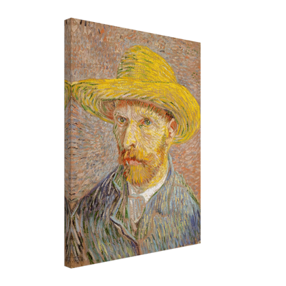 Van Gogh self-portrait in a yellow straw hat, blue jacket, and textured pastel strokes.