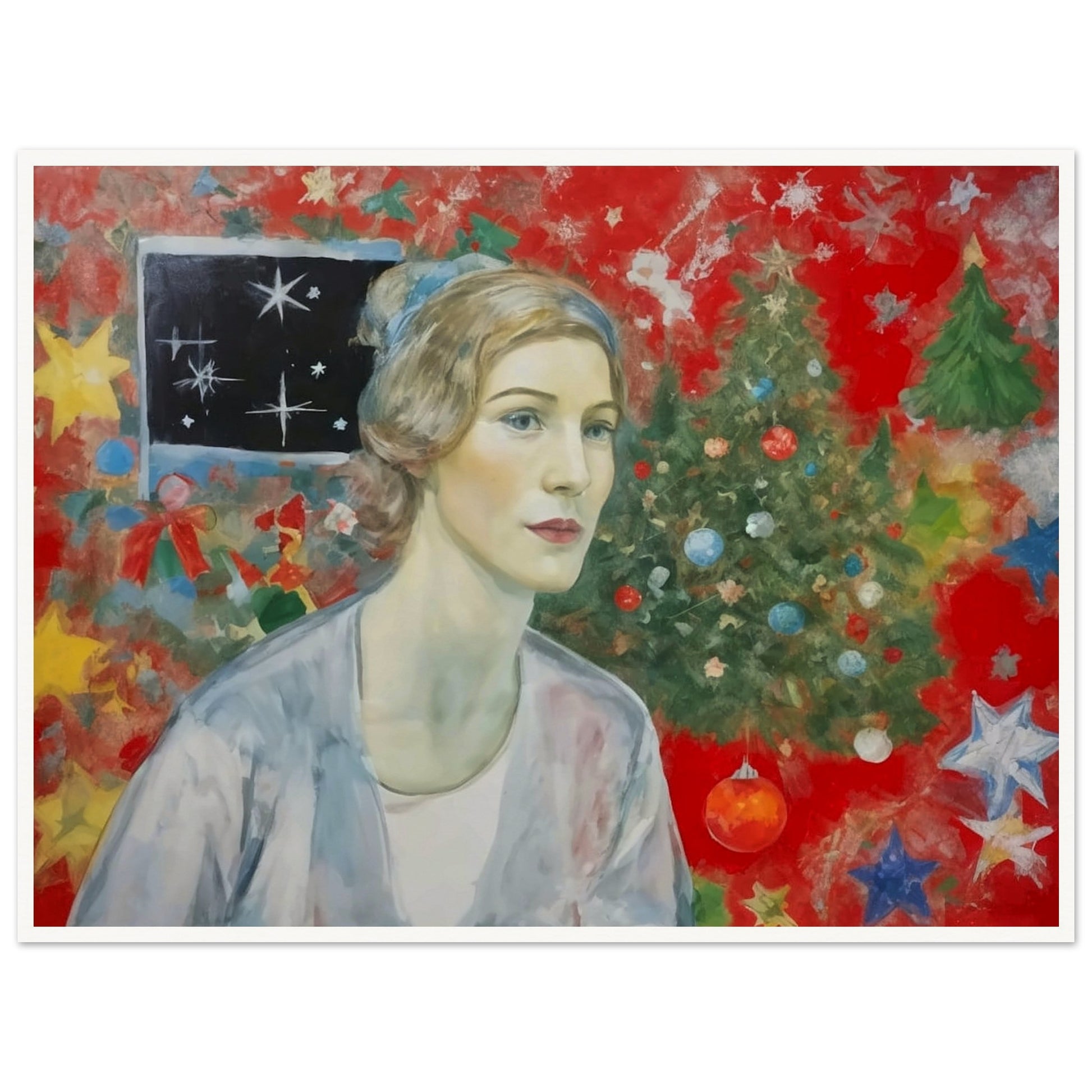 A thoughtful woman gazes forward, framed by a vibrant Christmas scene with a decorated tree, stars, and festive ornaments on a red background, capturing holiday nostalgia.