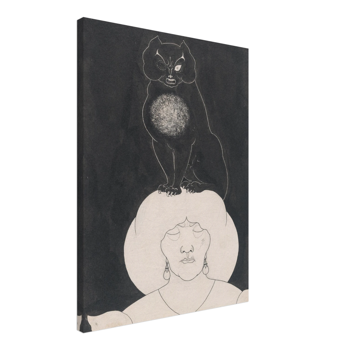 A black cat sits atop a white-hatted woman’s head against a dark background in a macabre illustration.