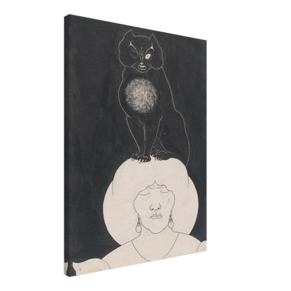 A black cat sits atop a white-hatted woman’s head against a dark background in a macabre illustration.