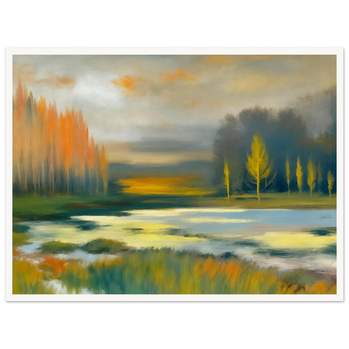 Soft impressionist wetland landscape with glowing golden trees, misty waters, and tranquil reflections beneath a muted autumn sky.