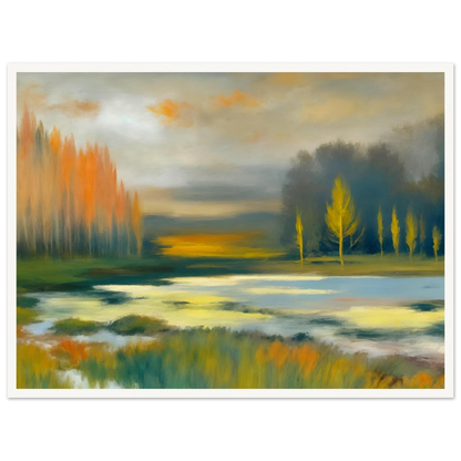 Soft impressionist wetland landscape with glowing golden trees, misty waters, and tranquil reflections beneath a muted autumn sky.