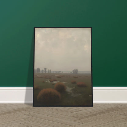 A misty field with distant trees under a pale sky, capturing the quiet stillness of a fog-laden morning.