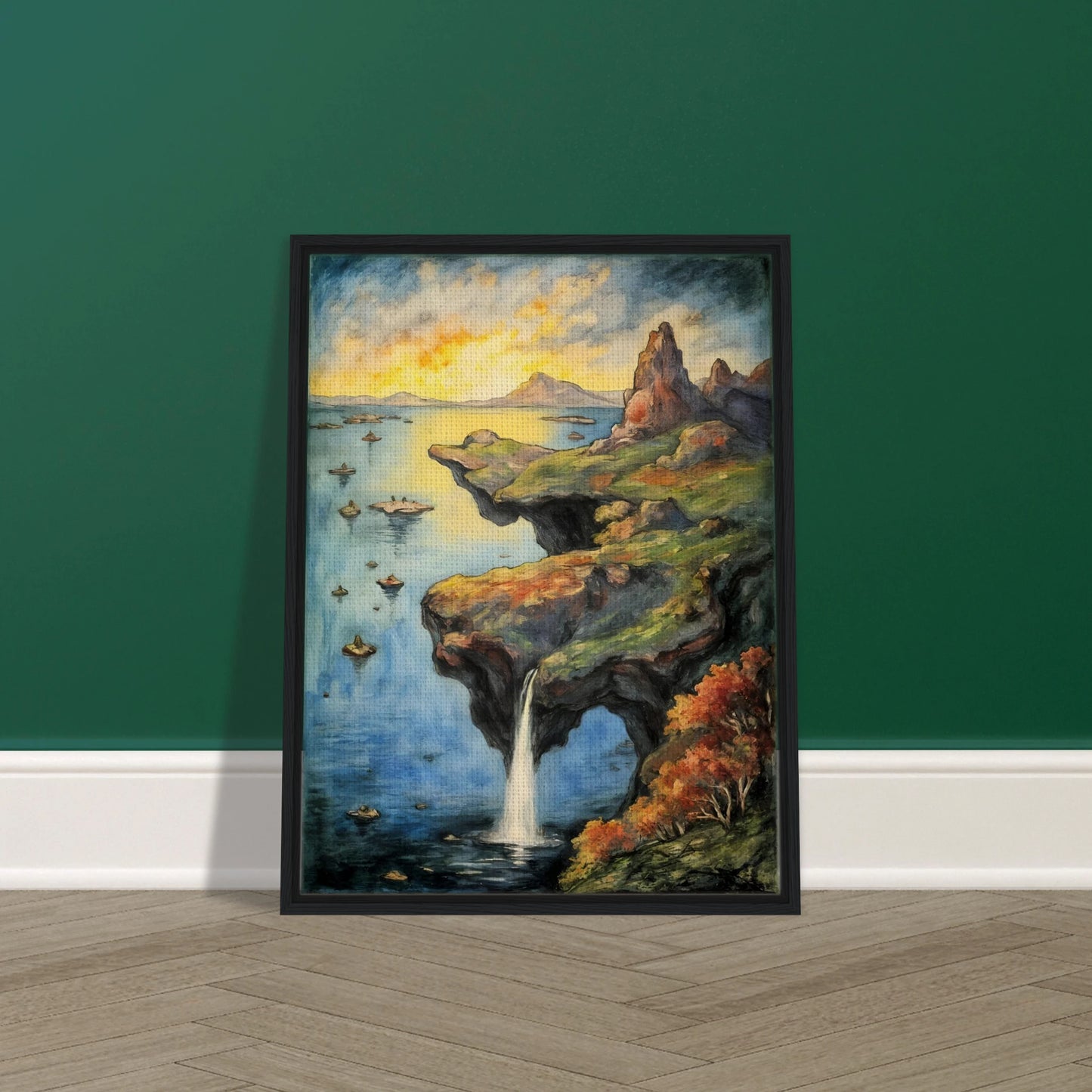 A dreamlike coastal cliff spills into tranquil blue waters beneath a glowing sky, with rocky peaks and autumn trees.