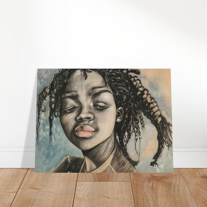 A powerful portrait painting of a young girl with braided hair. The artwork focuses on her expressive face, capturing a moment of contemplation or reflection. The use of monochromatic tones emphasizes the depth and emotion in her features, while subtle hints of color highlight her lips and the background, adding contrast and dimension.