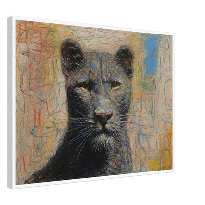 A powerful and regal painting of a panther with piercing yellow eyes and a colorful abstract background.