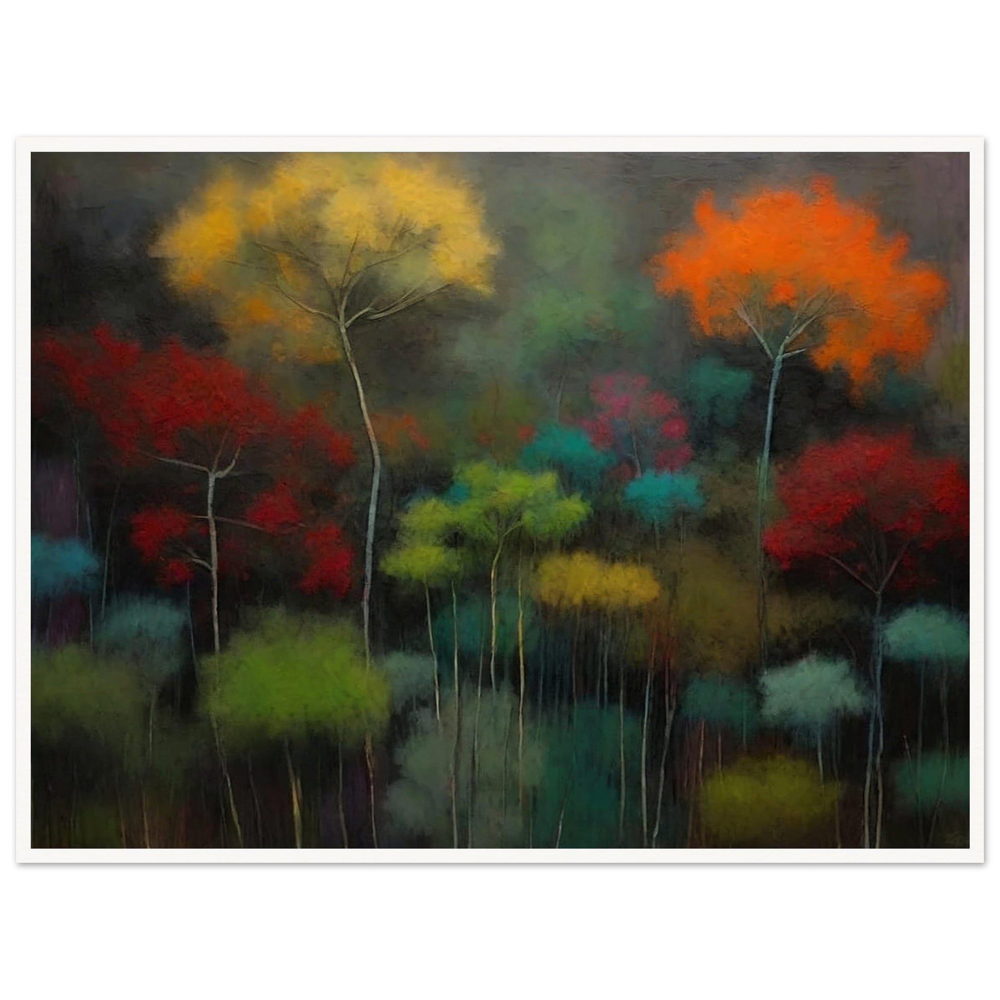 A mystical painting depicting a forest with trees in vibrant colors. The foliage is painted in shades of yellow, orange, red, green, and teal, against a dark and moody background, creating a surreal and dreamlike atmosphere.