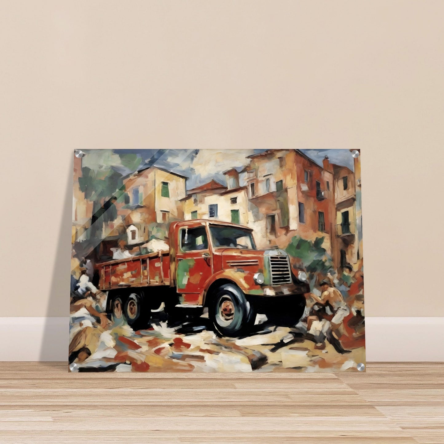 A vibrant painting of a red vintage truck set against an old town backdrop, with earthy tones and dynamic painterly strokes.