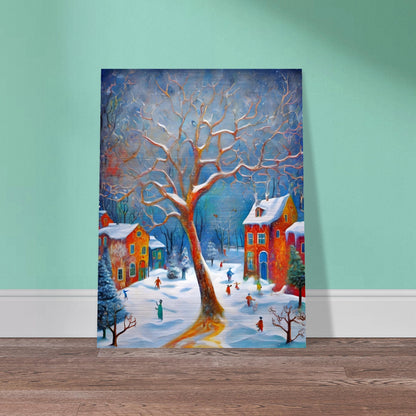 A whimsical winter scene featuring a large, glowing tree surrounded by colorful houses and joyful people playing in the snow under a vibrant blue sky.