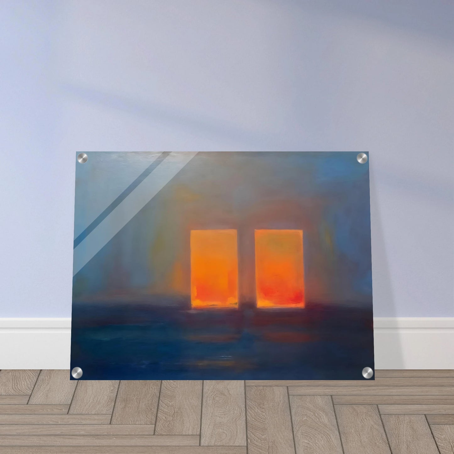 Moody blue interior with two glowing orange doorways, evoking quiet mystery, warmth, and minimalist atmospheric depth.