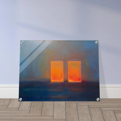 Moody blue interior with two glowing orange doorways, evoking quiet mystery, warmth, and minimalist atmospheric depth.