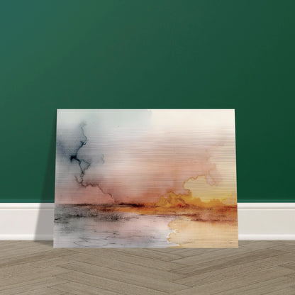 A soft watercolor landscape of fading skies, glowing yellow clouds, and tranquil reflections on a quiet lakeshore at dusk.